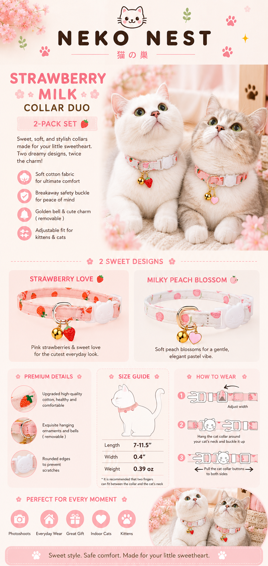 The Sweetheart Strawberry Milk Charm Cat Collar Set - 2 Pack